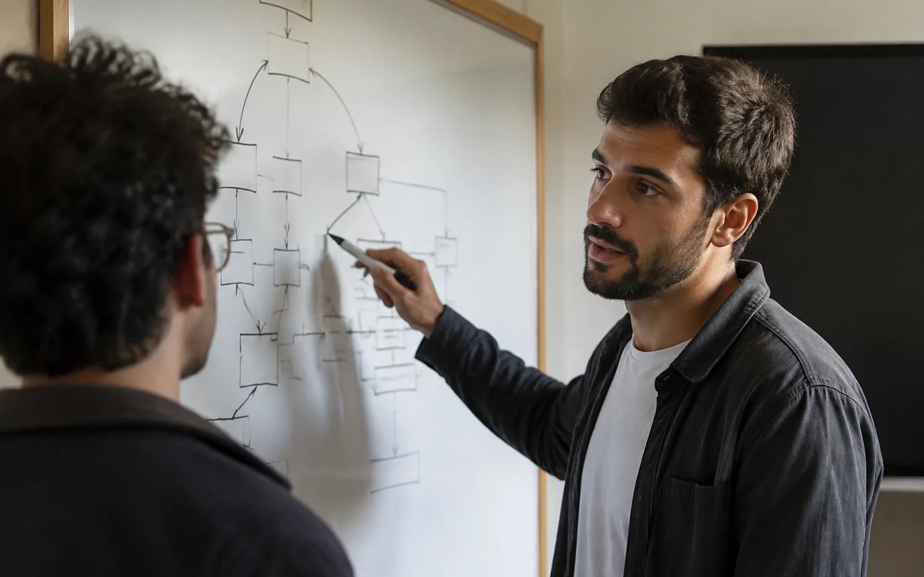 Duas pessoas em pé diante do quadro branco, desenhando a estrutura de um argumento